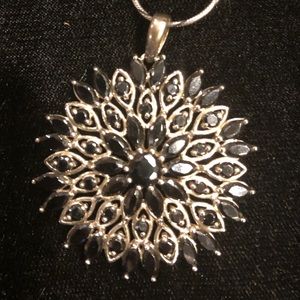 Black and Silver Pendant Necklace with Rhinestones